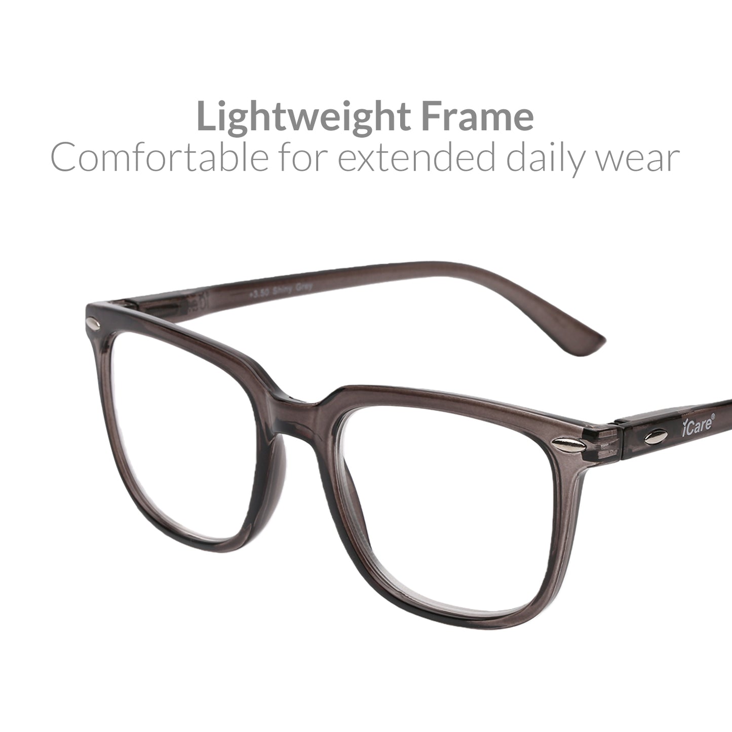 iCare RA301 Shiny Grey Square Reading Glasses PC Frame, PC Temples and Grade A AC Lenses