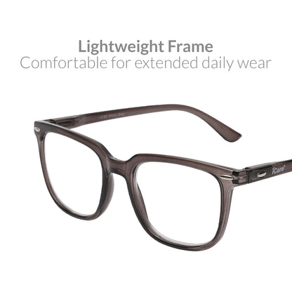 iCare RA301 Shiny Grey Square Reading Glasses PC Frame, PC Temples and Grade A AC Lenses