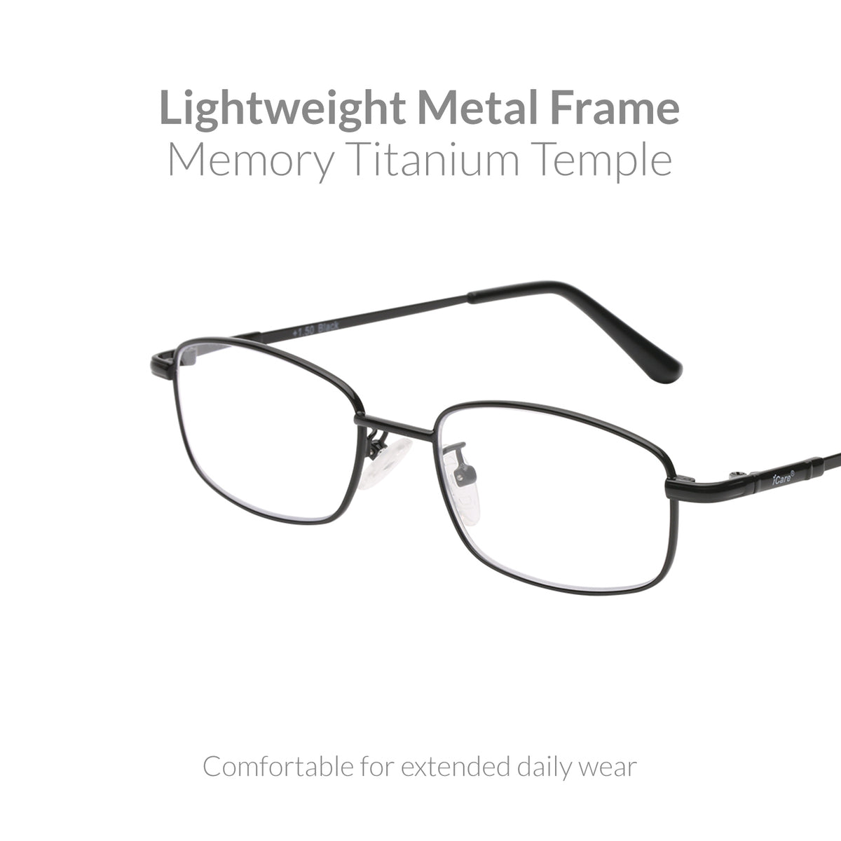 iCare RA102 Black Rectangular Glasses Metal Frame, Memory Titanium Temples and CR39 HD Reading Lenses with Acetate Tips