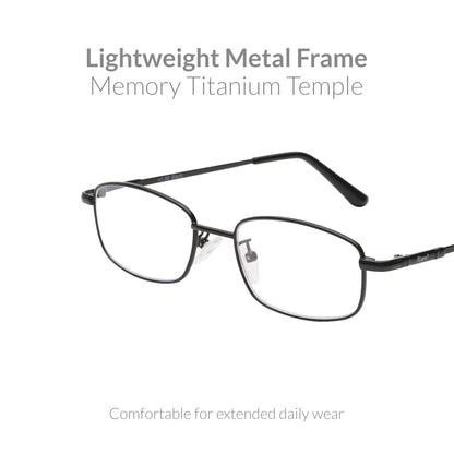 iCare RA102 Black Rectangular Glasses Metal Frame, Memory Titanium Temples and CR39 HD Reading Lenses with Acetate Tips
