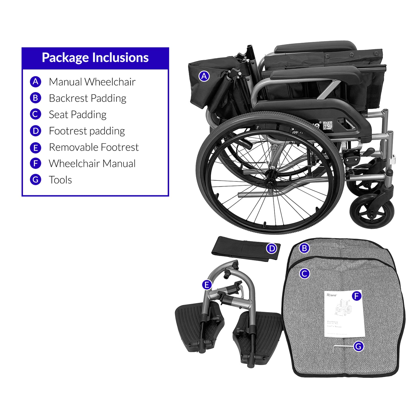 iCare MV31 Self-Propelled Aluminum Manual Wheelchair, Super Lightweight, Compact, w/ Flip-up Armrest
