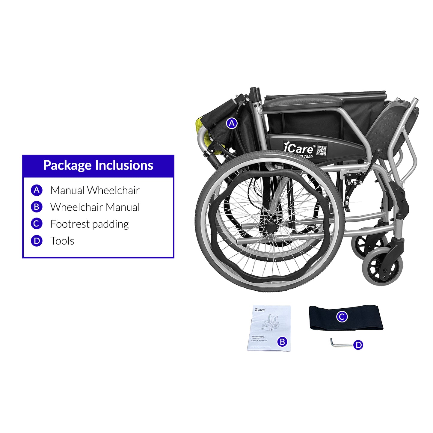 iCare MV21 Self-Propelled Aluminum Manual Wheelchair, Super Lightweight, Foldable & Compact - Easy to Transport