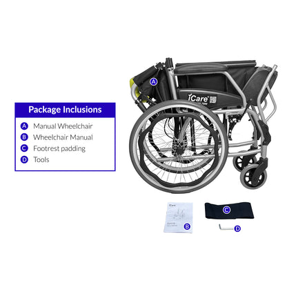 iCare MV21 Self-Propelled Aluminum Manual Wheelchair, Super Lightweight, Foldable & Compact - Easy to Transport
