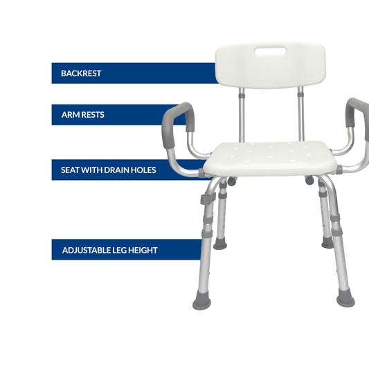 iCare SC210 Aluminum Shower Chair with Armrests Adjustable Height Non-Slip Rubber Feet for Bathing Support