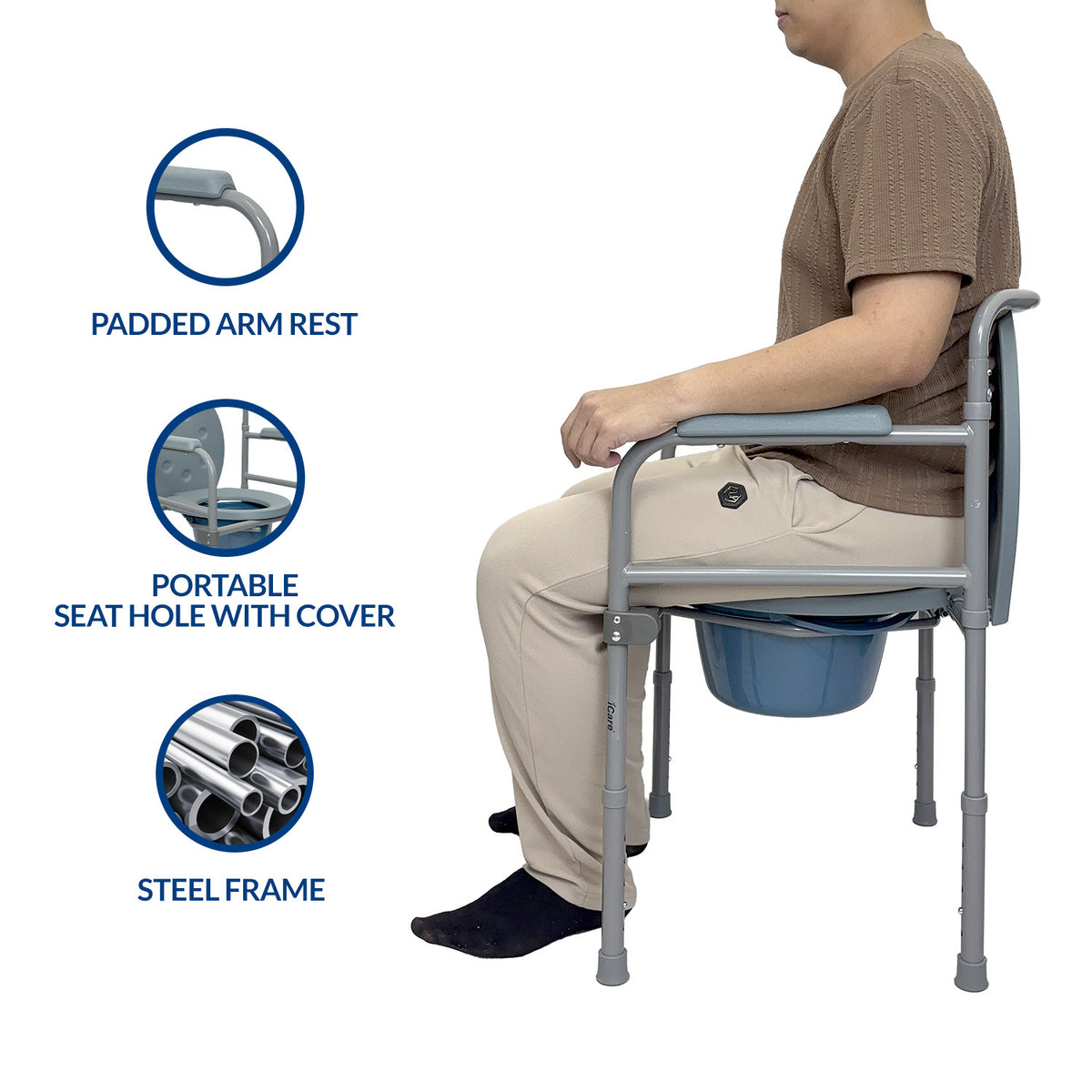 iCare MC53 Steel portable Commode Chair with removable bucket adjustable height armrests backrest. Suitable for home use