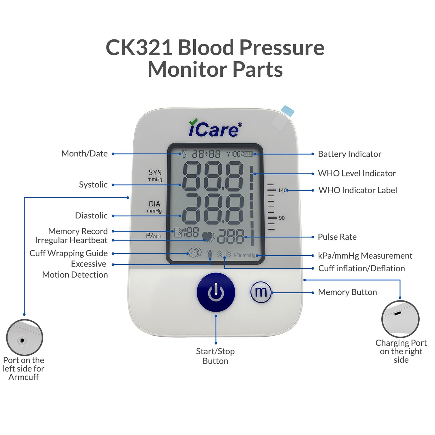 iCare CK321 Rechargeable Automatic Blood Pressure Monitor Digital , Large Arm Cuff 22-45cm BP Monitor