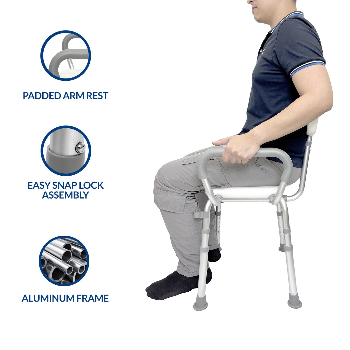 iCare SC210 Aluminum Shower Chair with Armrests Adjustable Height Non-Slip Rubber Feet for Bathing Support