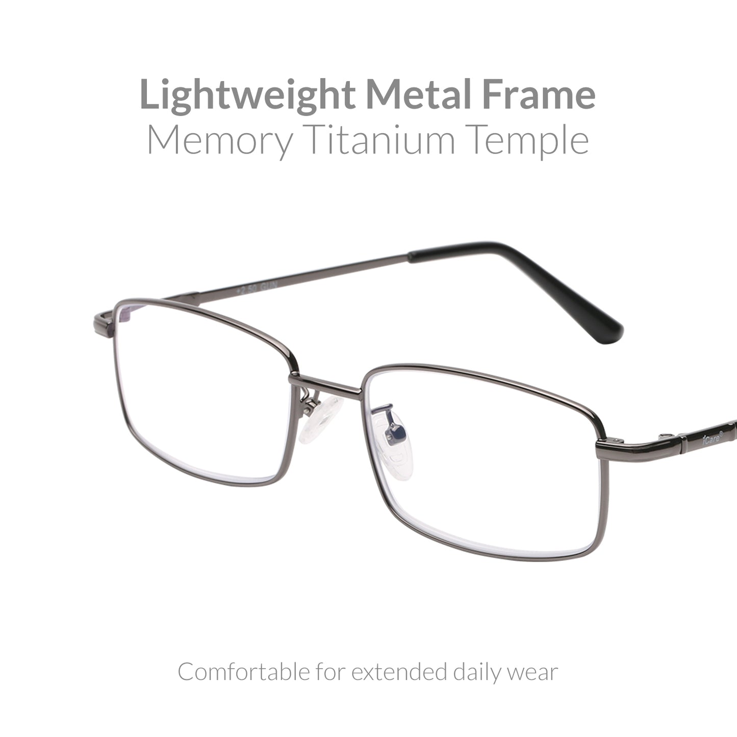 iCare RA101 Gun Color(Shiny Warm Gray + Black) Rectangular Glasses Metal Frame, Memory Titanium Temples and CR39 HD Reading Lenses with Acetate Tips