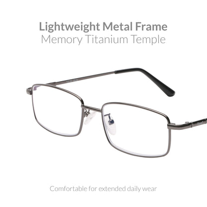 iCare RA101 Gun Color(Shiny Warm Gray + Black) Rectangular Glasses Metal Frame, Memory Titanium Temples and CR39 HD Reading Lenses with Acetate Tips