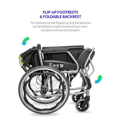 iCare MV21 Self-Propelled Aluminum Manual Wheelchair, Super Lightweight, Foldable & Compact - Easy to Transport