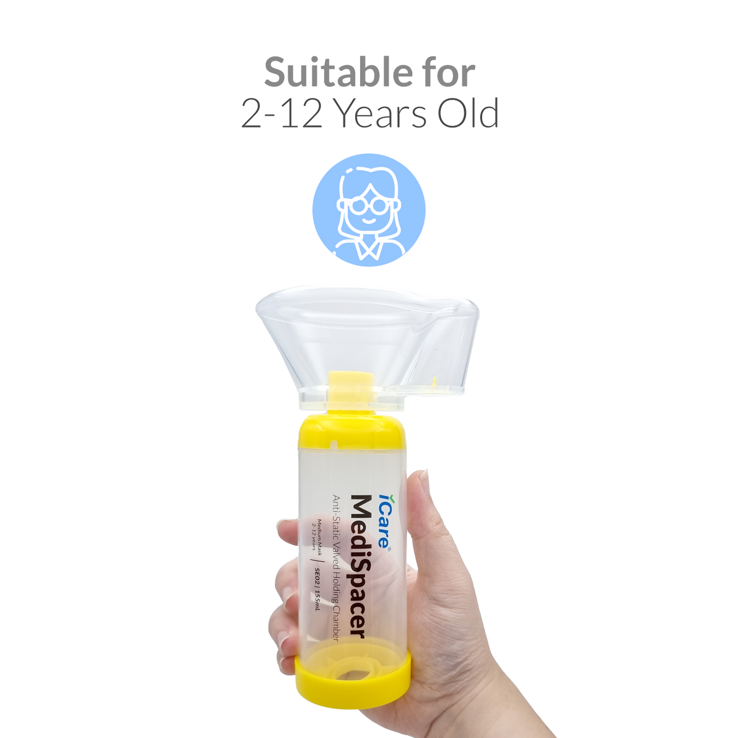 iCare® SE02 MediSpacer Chamber Spacer (NO INHALER INCLUDED) for Kids with Medium Mask, Sealed Package, Clean and Safe, for with your Asthma Inhaler, Ventolin via Chamber Spacer