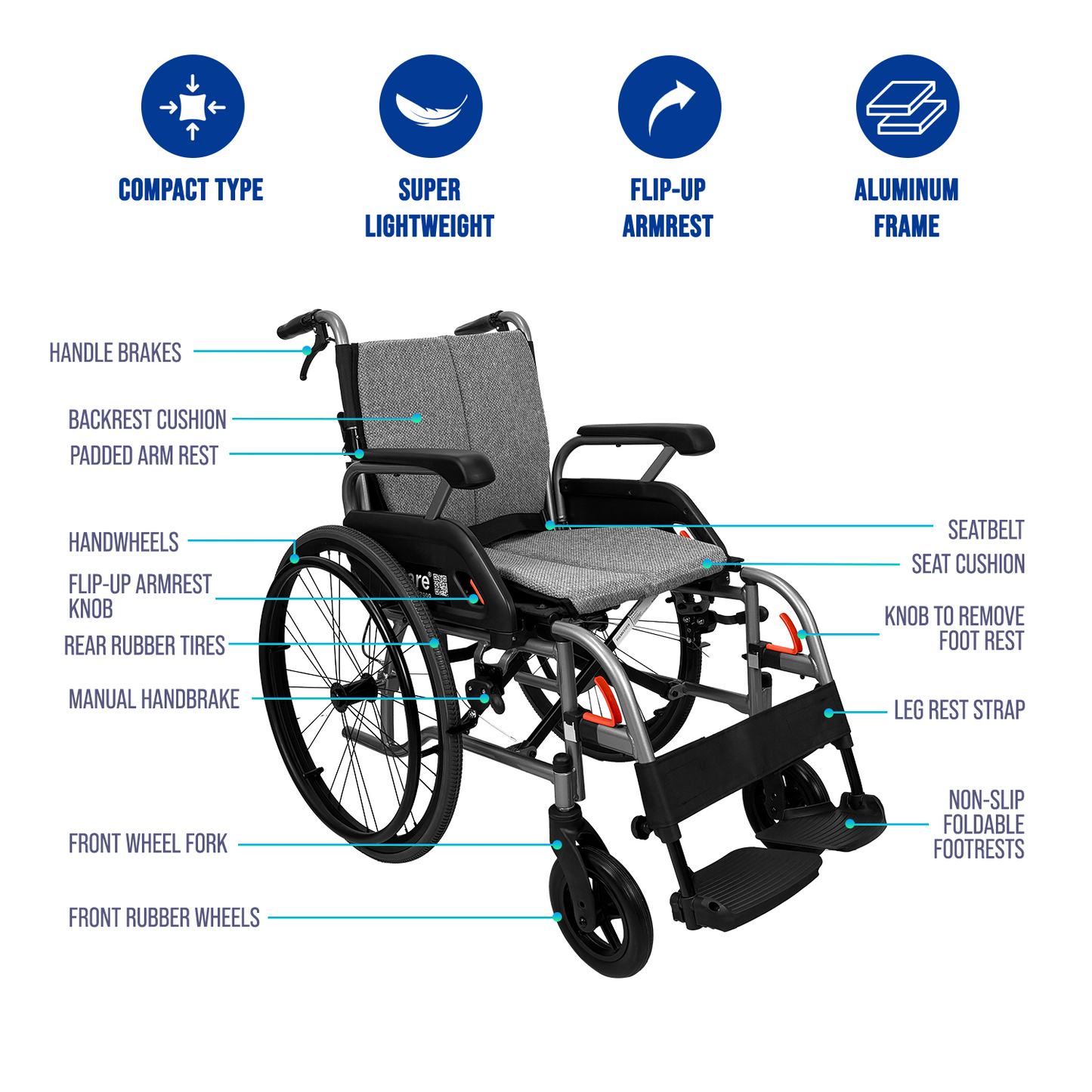iCare MV31 Self-Propelled Aluminum Manual Wheelchair, Super Lightweight, Compact, w/ Flip-up Armrest