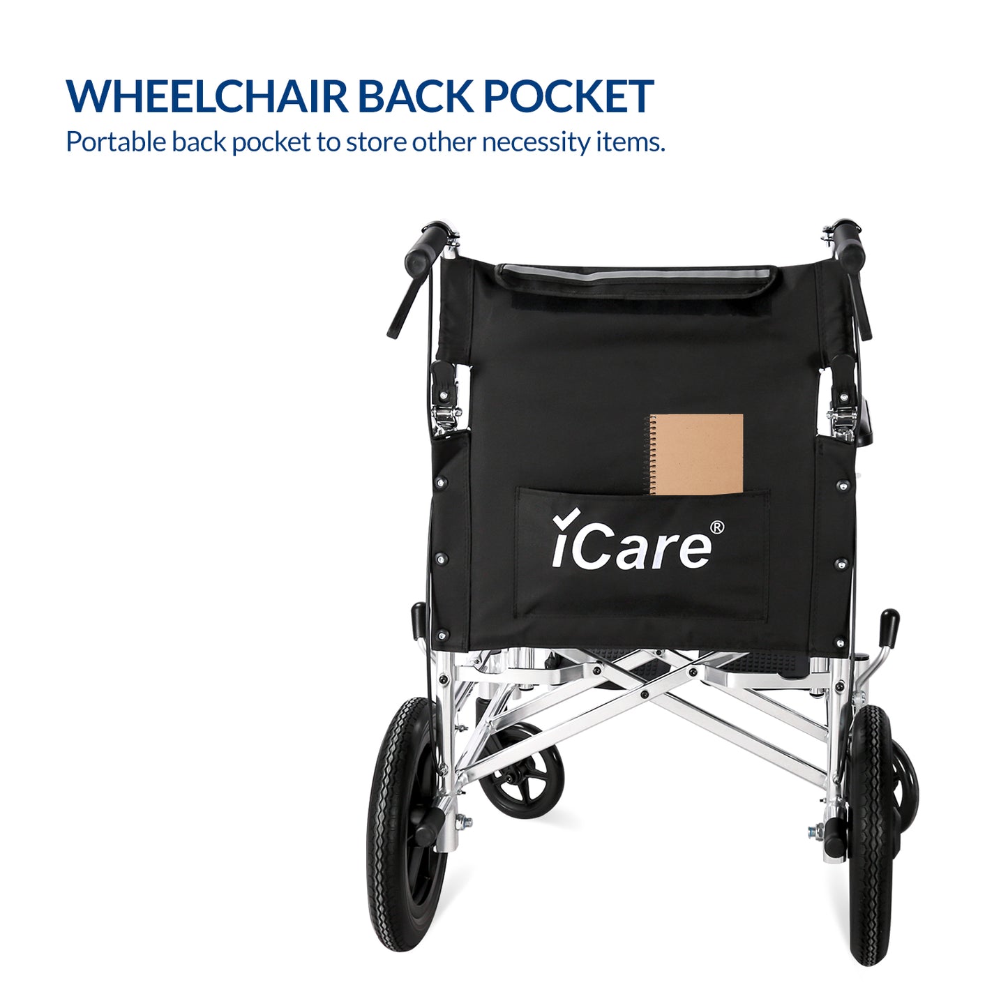 iCare® MA111 Guide Aluminum Manual Wheelchair with Handle Brakes, Aluminum frame and Anti-Slip foot pedals for Disabled and Elderly