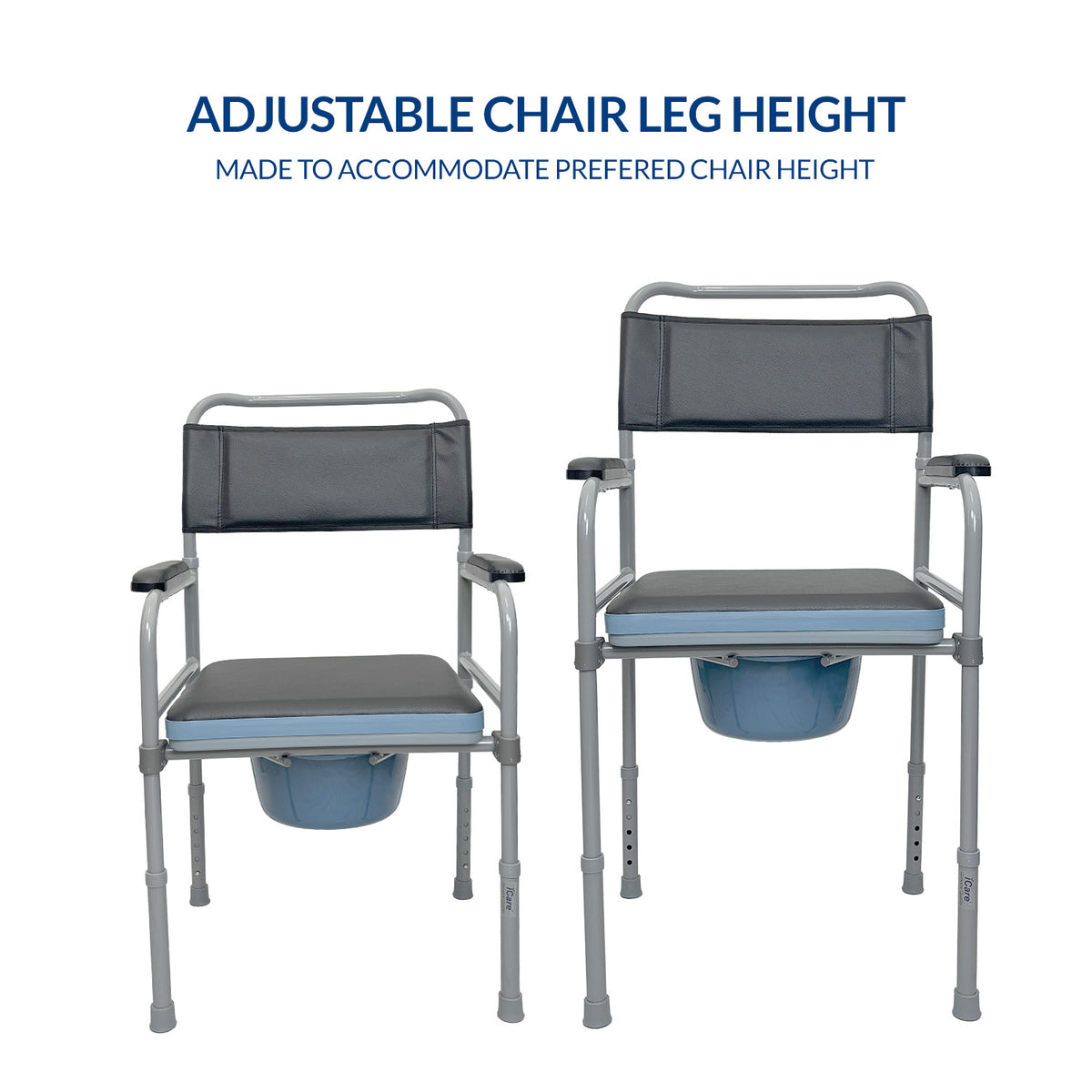iCare® MC54 Steel Commode Chair with Comfortable Waterproof Cushion, Adjustable Leg Height and Bedpan for Disable and Elderly