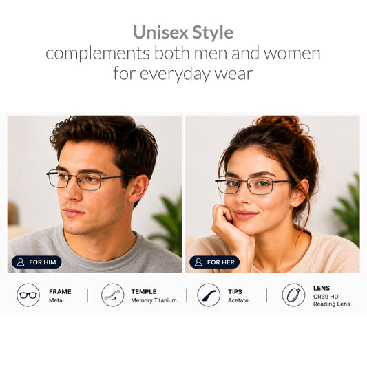 iCare RA102 Black Rectangular Glasses Metal Frame, Memory Titanium Temples and CR39 HD Reading Lenses with Acetate Tips
