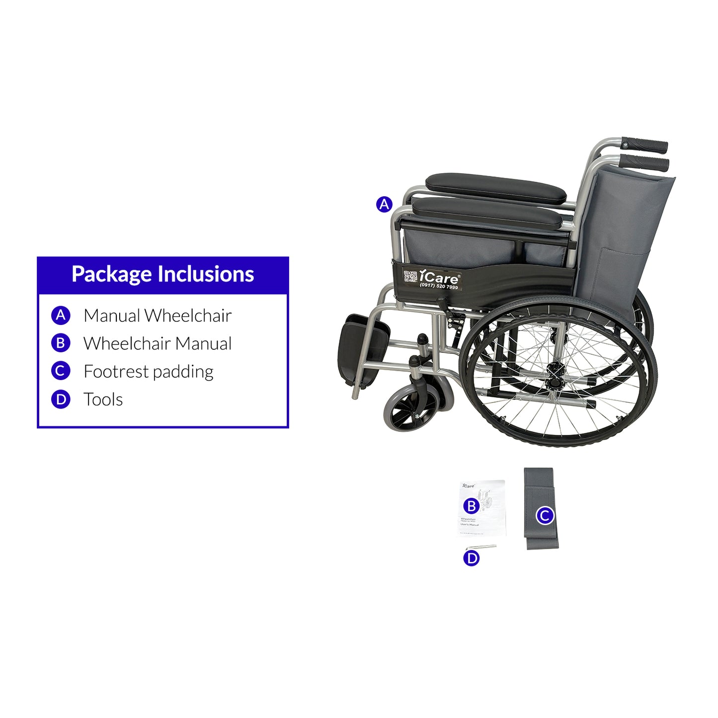 iCare MV11 Self-Propelled Steel Manual Wheelchair, Lightweight & Foldable