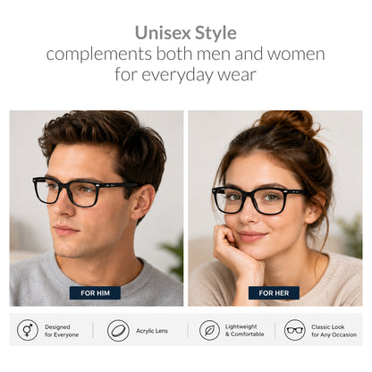 iCare RA302 Shiny Black Square Reading Glasses PC Frame, PC Temples and Grade A AC Lenses