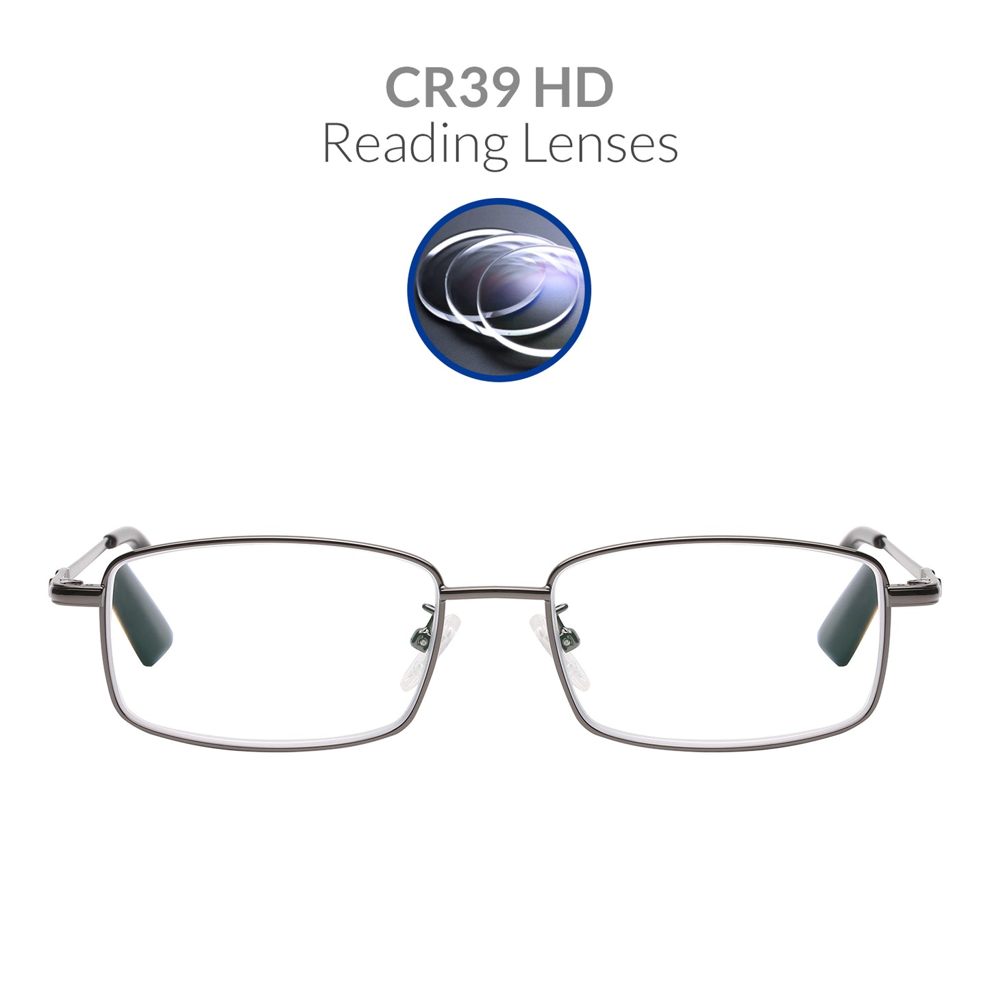 iCare RA101 Gun Color(Shiny Warm Gray + Black) Rectangular Glasses Metal Frame, Memory Titanium Temples and CR39 HD Reading Lenses with Acetate Tips