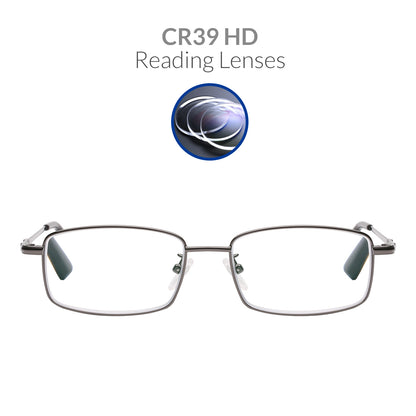 iCare RA101 Gun Color(Shiny Warm Gray + Black) Rectangular Glasses Metal Frame, Memory Titanium Temples and CR39 HD Reading Lenses with Acetate Tips