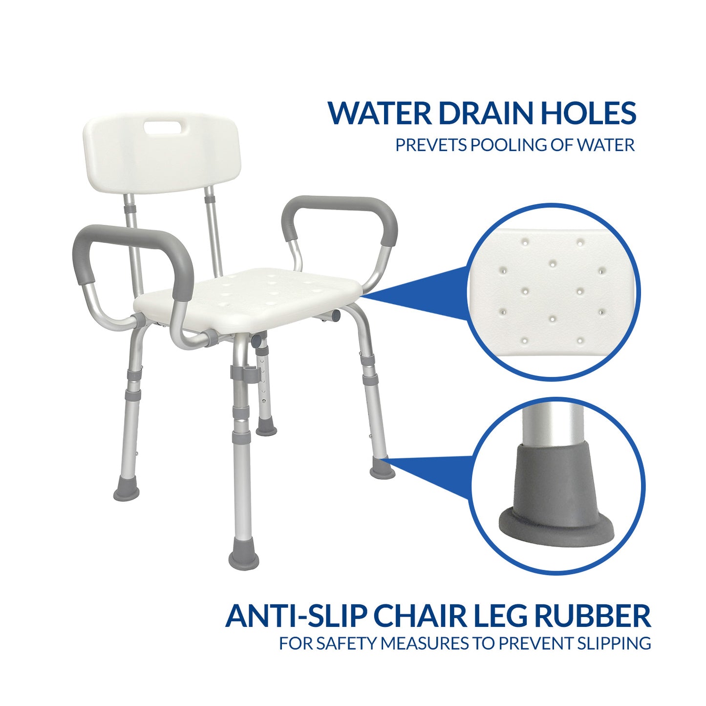 iCare SC210 Aluminum Shower Chair with Armrests Adjustable Height Non-Slip Rubber Feet for Bathing Support