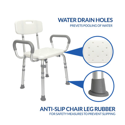 iCare SC210 Aluminum Shower Chair with Armrests Adjustable Height Non-Slip Rubber Feet for Bathing Support