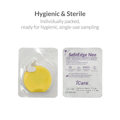 iCare SafeEdge Neo Heel Incision Safety Lancet for Newborn Blood Sampling, Sterile, Single-Use, Latex Free, Comfort Grip, Safety Engineered