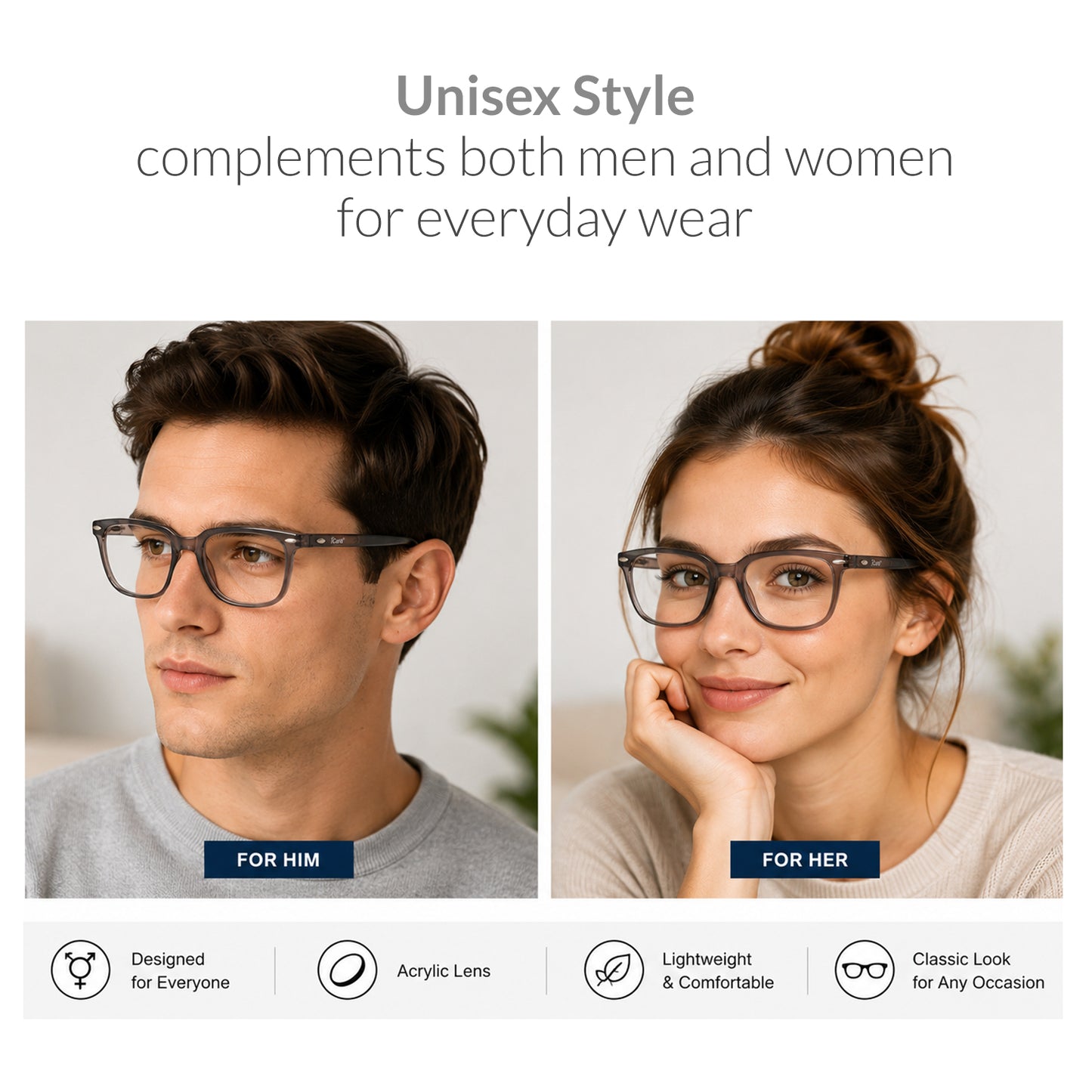 iCare RA301 Shiny Grey Square Reading Glasses PC Frame, PC Temples and Grade A AC Lenses
