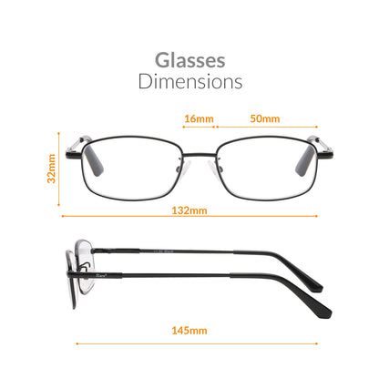 iCare RA102 Black Rectangular Glasses Metal Frame, Memory Titanium Temples and CR39 HD Reading Lenses with Acetate Tips