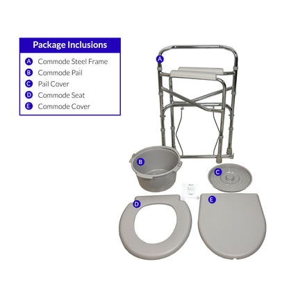 iCare MC52 Folding Steel Commode Chair, Adjustable Leg Height, Easy to Assemble, Foldable Frame