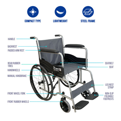 iCare MV11 Self-Propelled Steel Manual Wheelchair, Lightweight & Foldable