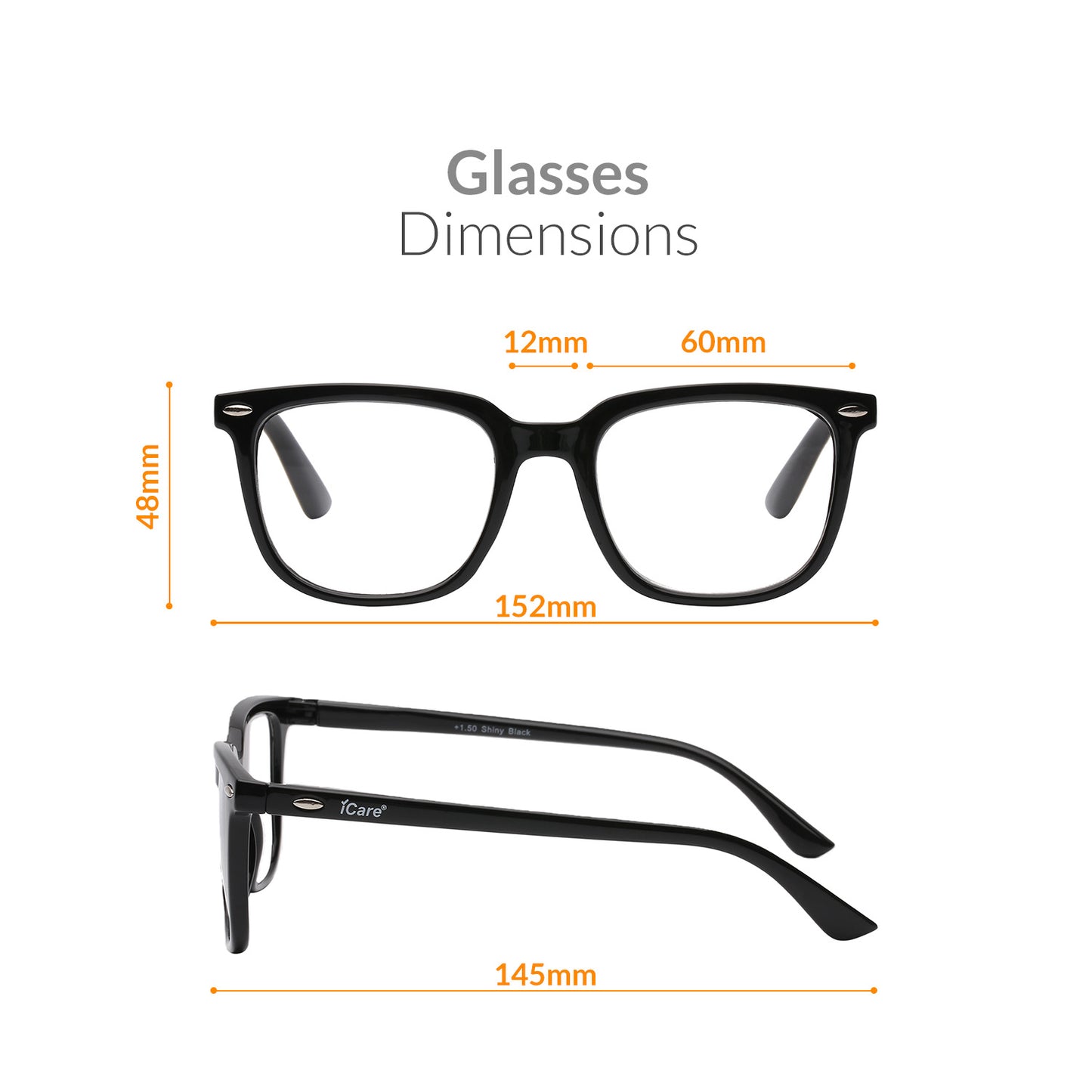 iCare RA302 Shiny Black Square Reading Glasses PC Frame, PC Temples and Grade A AC Lenses