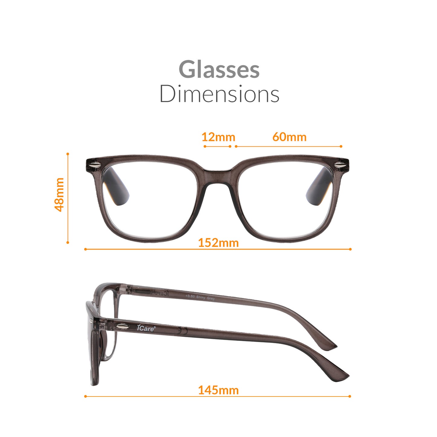 iCare RA301 Shiny Grey Square Reading Glasses PC Frame, PC Temples and Grade A AC Lenses