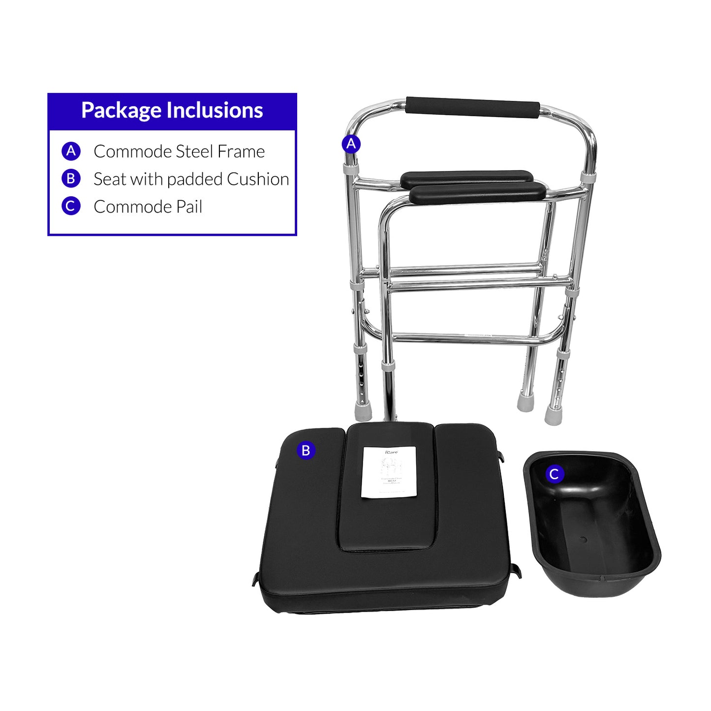 iCare MC51 Steel Commode Chair, Adopt HPCC Steel Plating, 5 Levels Height Adjustment, Folding Frame 8kg