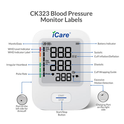 iCare CK323 Automatic Digital Blood Pressure Monitor with Large Cuff (22cm - 45cm), WHO BP Level Indicator, Irregular Heartbeat Indicator, Excessive Motion Indicator