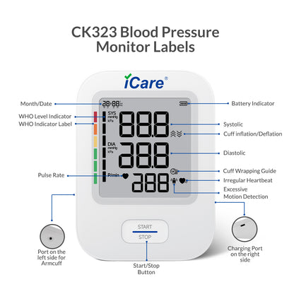 iCare CK323 Automatic Digital Blood Pressure Monitor with Large Cuff (22cm - 45cm), WHO BP Level Indicator, Irregular Heartbeat Indicator, Excessive Motion Indicator