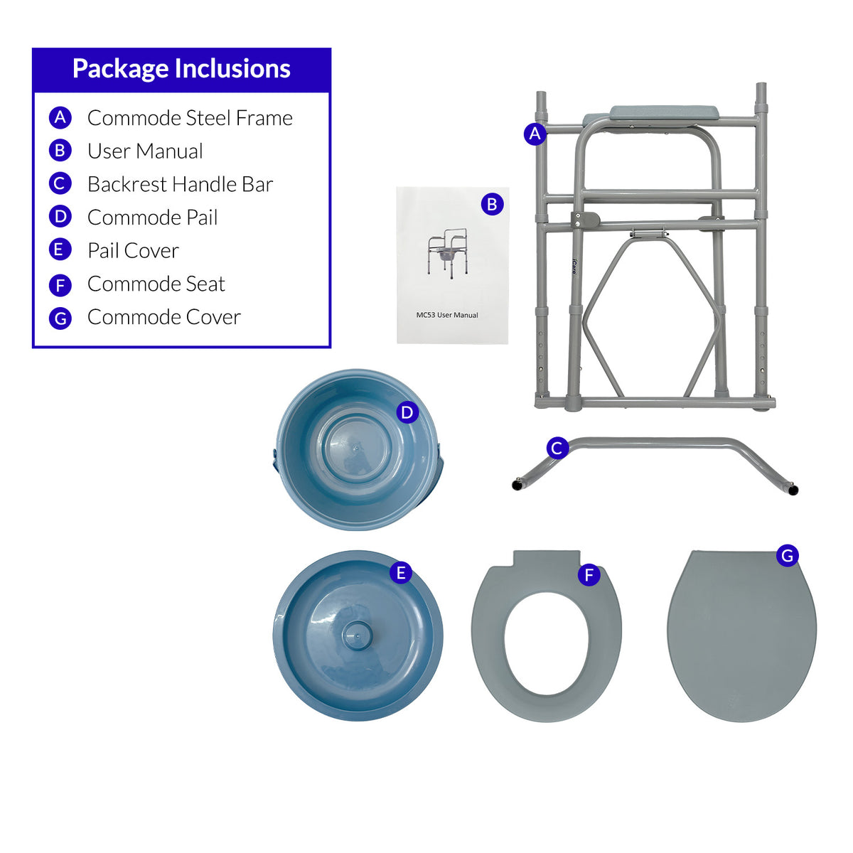 iCare MC53 Steel portable Commode Chair with removable bucket adjustable height armrests backrest. Suitable for home use
