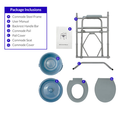 iCare MC53 Steel portable Commode Chair with removable bucket adjustable height armrests backrest. Suitable for home use