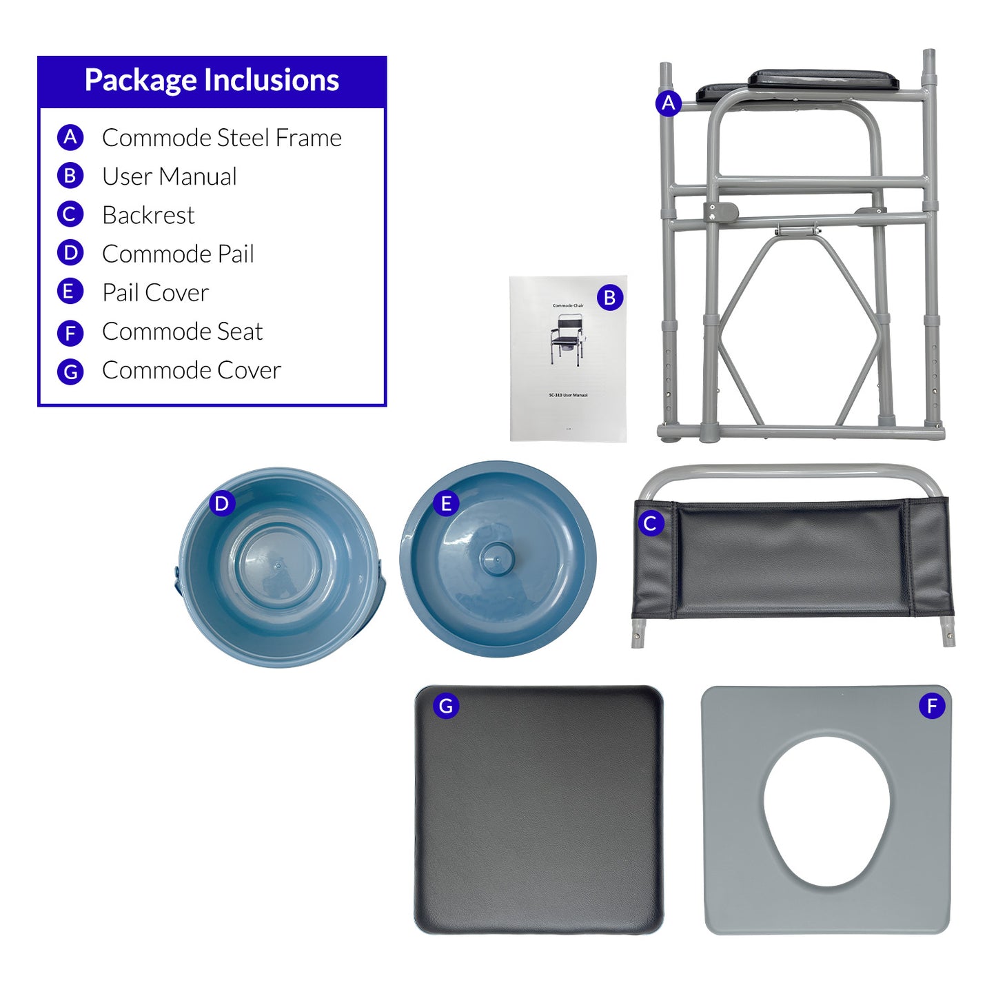 iCare® MC54 Steel Commode Chair with Comfortable Waterproof Cushion, Adjustable Leg Height and Bedpan for Disable and Elderly