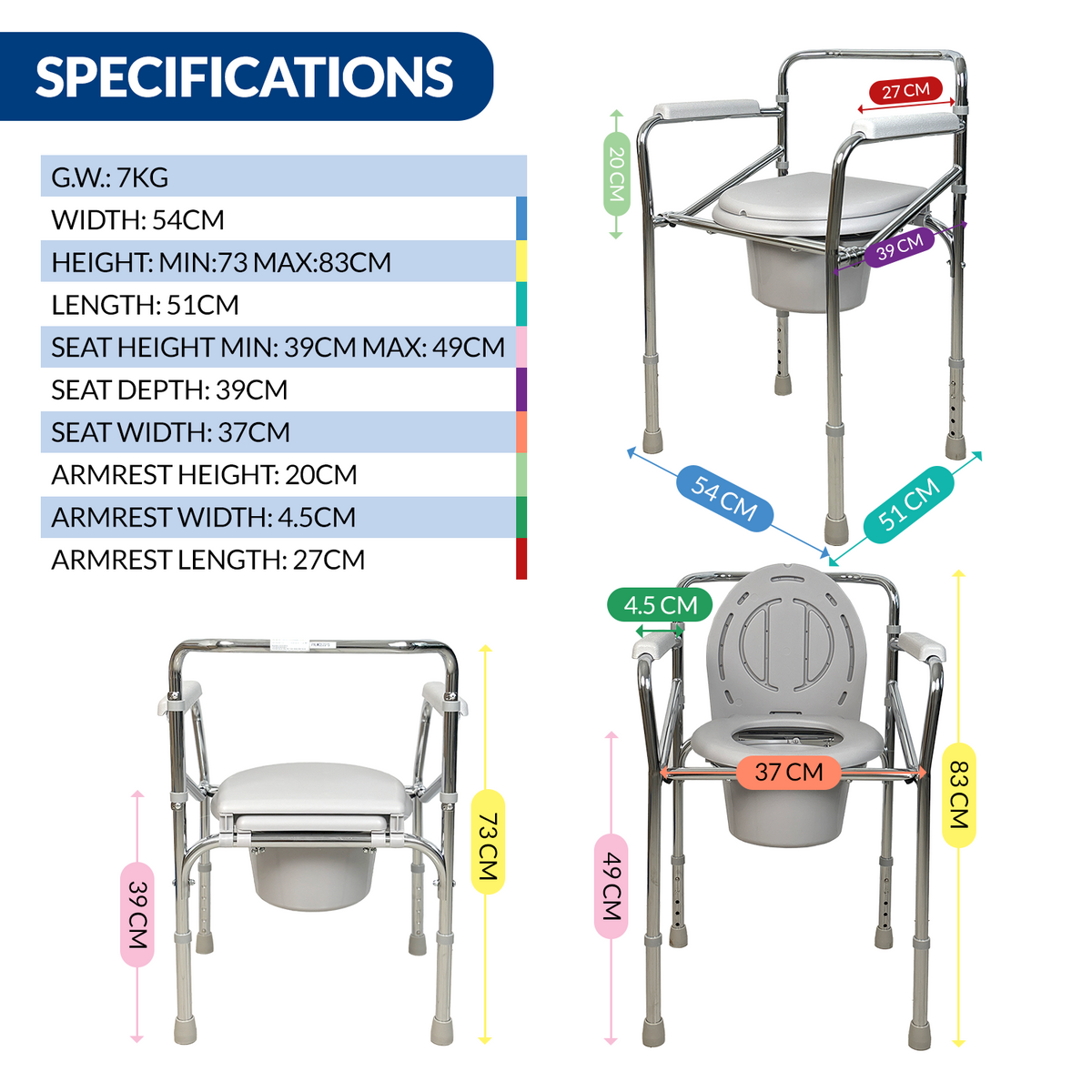 iCare MC52 Folding Steel Commode Chair, Adjustable Leg Height, Easy to Assemble, Foldable Frame