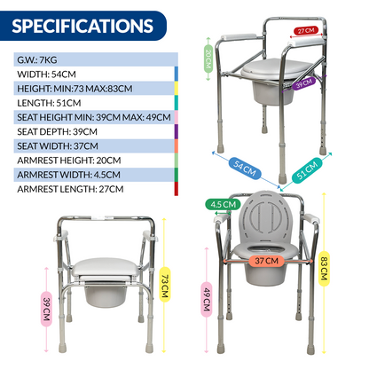 iCare MC52 Folding Steel Commode Chair, Adjustable Leg Height, Easy to Assemble, Foldable Frame