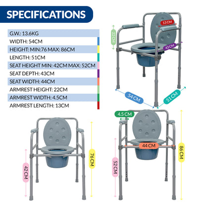 iCare MC53 Steel portable Commode Chair with removable bucket adjustable height armrests backrest. Suitable for home use