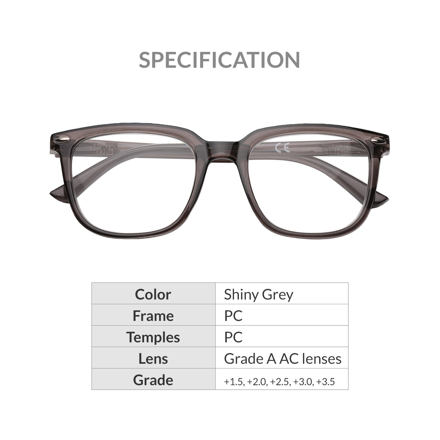 iCare RA301 Shiny Grey Square Reading Glasses PC Frame, PC Temples and Grade A AC Lenses