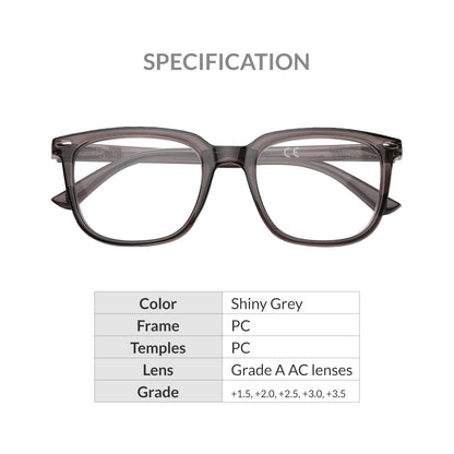 iCare RA301 Shiny Grey Square Reading Glasses PC Frame, PC Temples and Grade A AC Lenses