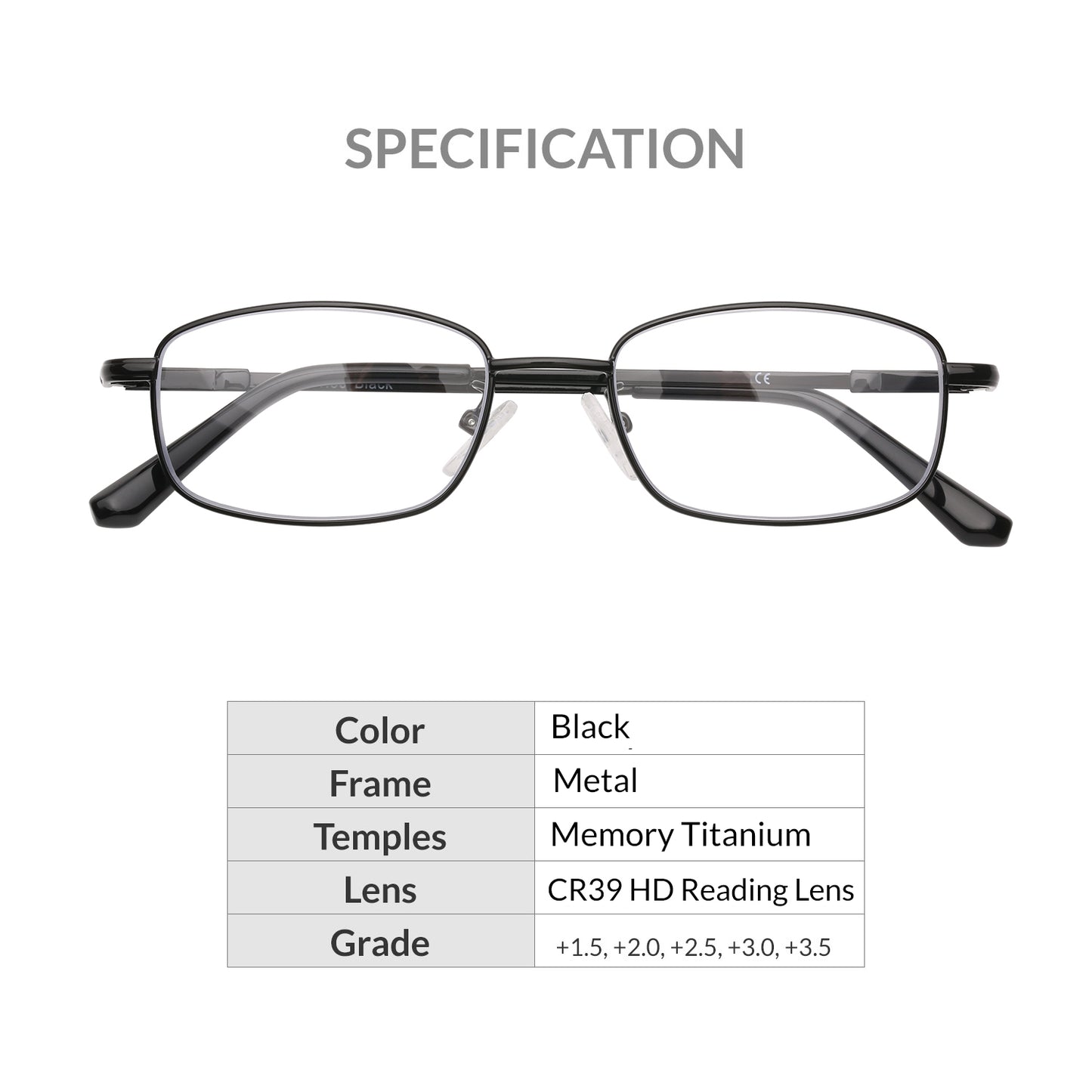 iCare RA102 Black Rectangular Glasses Metal Frame, Memory Titanium Temples and CR39 HD Reading Lenses with Acetate Tips