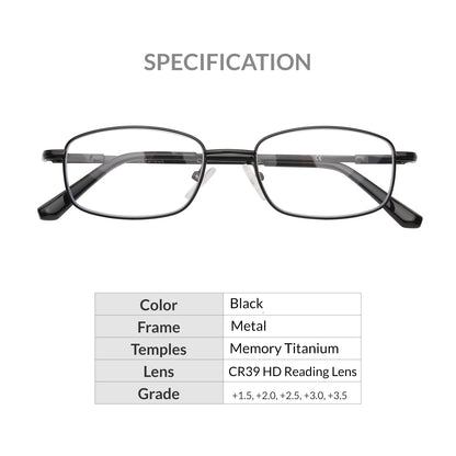 iCare RA102 Black Rectangular Glasses Metal Frame, Memory Titanium Temples and CR39 HD Reading Lenses with Acetate Tips