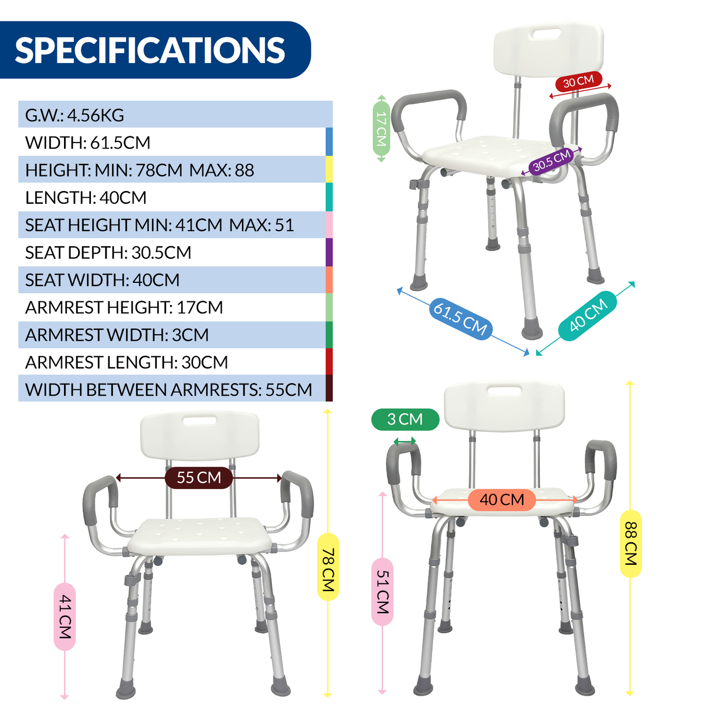 iCare SC210 Aluminum Shower Chair with Armrests Adjustable Height Non-Slip Rubber Feet for Bathing Support
