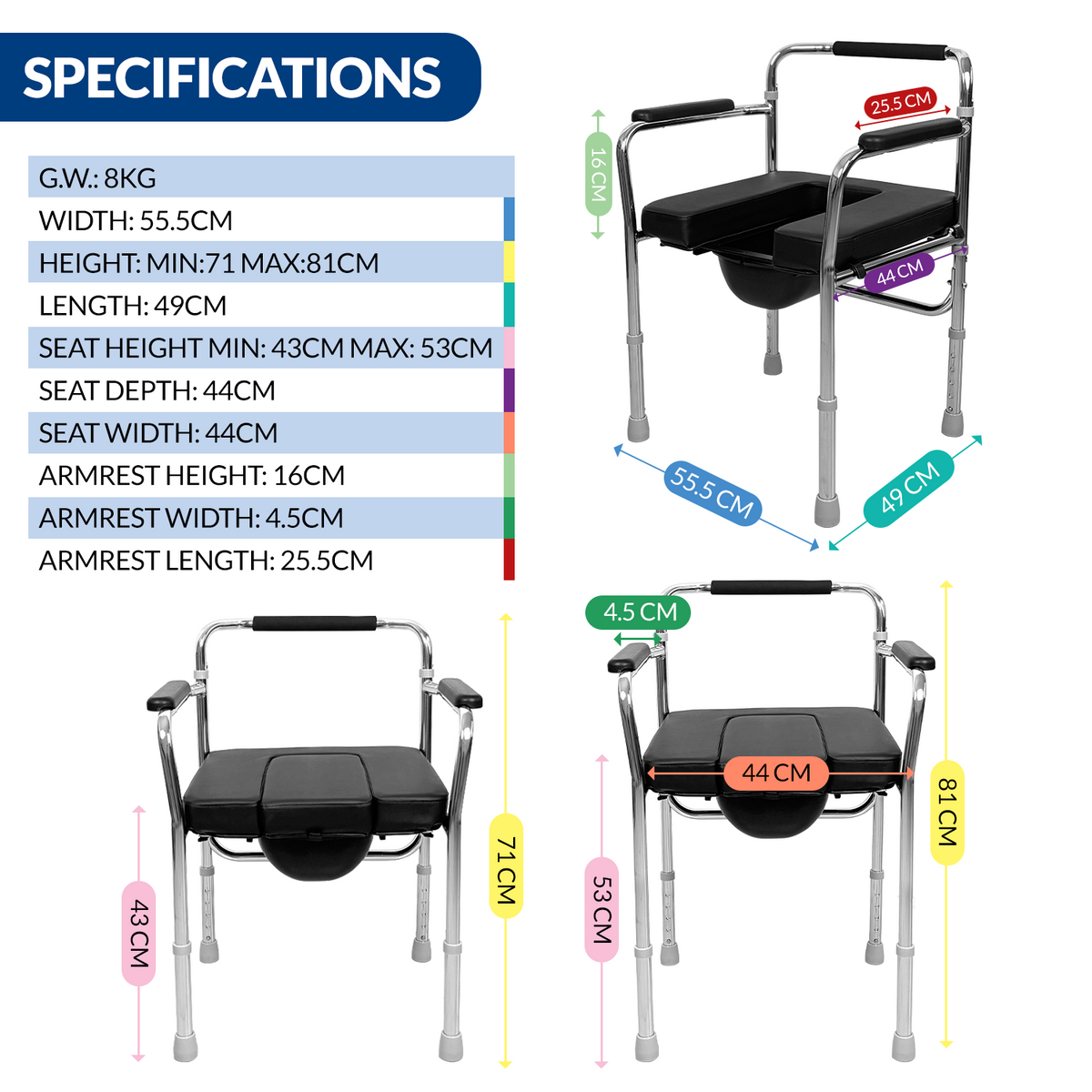 iCare MC51 Steel Commode Chair, Adopt HPCC Steel Plating, 5 Levels Height Adjustment, Folding Frame 8kg