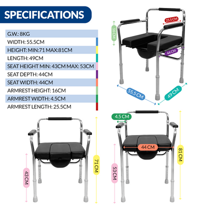 iCare MC51 Steel Commode Chair, Adopt HPCC Steel Plating, 5 Levels Height Adjustment, Folding Frame 8kg