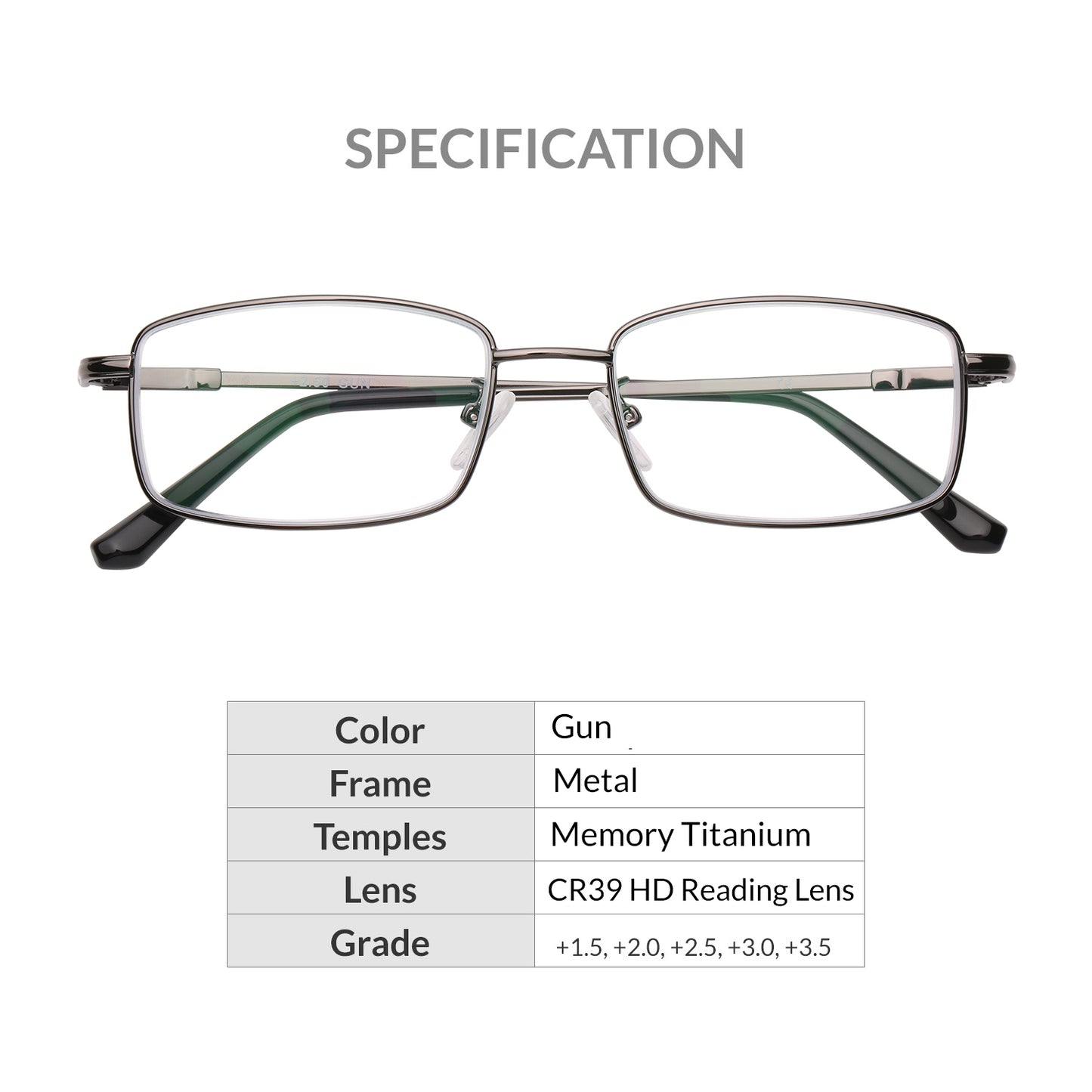 iCare RA101 Gun Color(Shiny Warm Gray + Black) Rectangular Glasses Metal Frame, Memory Titanium Temples and CR39 HD Reading Lenses with Acetate Tips
