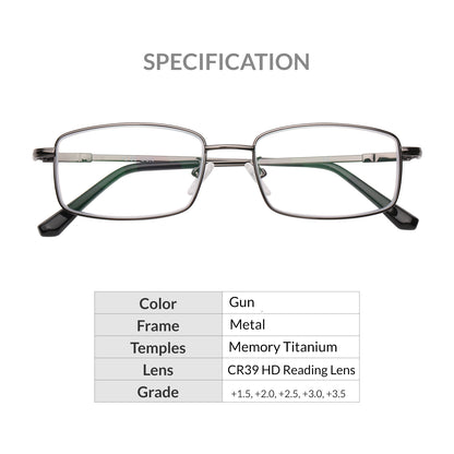 iCare RA101 Gun Color(Shiny Warm Gray + Black) Rectangular Glasses Metal Frame, Memory Titanium Temples and CR39 HD Reading Lenses with Acetate Tips